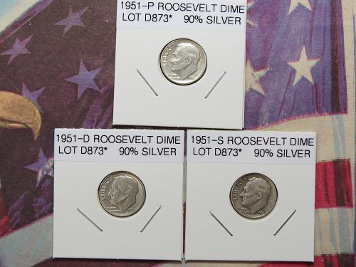 1951-PDS ROOSEVELT DIMES ~ 90% SILVER - (LOT OF 3 COINS) - LOT D873*