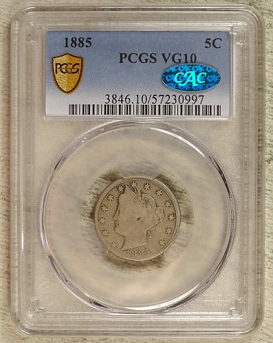 1885 Liberty Nickel, PCGS/CAC VG-10, Nice Original Coin, Low CAC Pop
