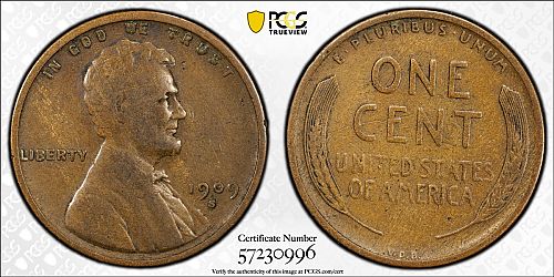 1909-S VDB Lincoln Cent, Very Fine, PCGS Certified Key Date - Discounted