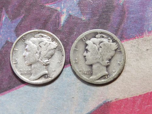 1934-PD MERCURY DIME (LOT OF 2 COINS)  (90% SILVER) ~ LOT B195*