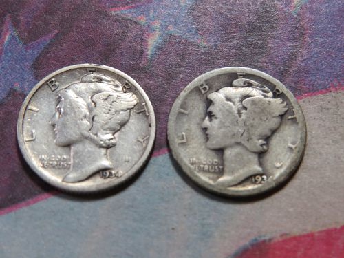 1934-PD MERCURY DIME (LOT OF 2 COINS)  (90% SILVER) ~ LOT B195*