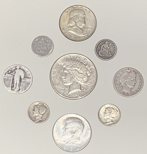 Lot of 9 old U.S.Coins, 90 % Silver, 1922 Peaces dollar + 2 Half's & More.