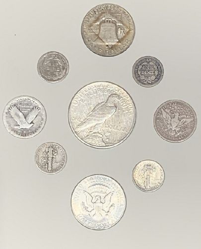 Lot of 9 old U.S.Coins, 90 % Silver, 1922 Peaces dollar + 2 Half's & More.