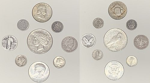 Lot of 9 old U.S.Coins, 90 % Silver, 1922 Peaces dollar + 2 Half's & More.