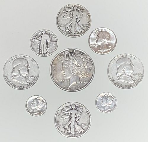 Lot of 9 old U.S.Coins, 90 % Silver, 1922 Peaces dollar + 4 Half's & More.