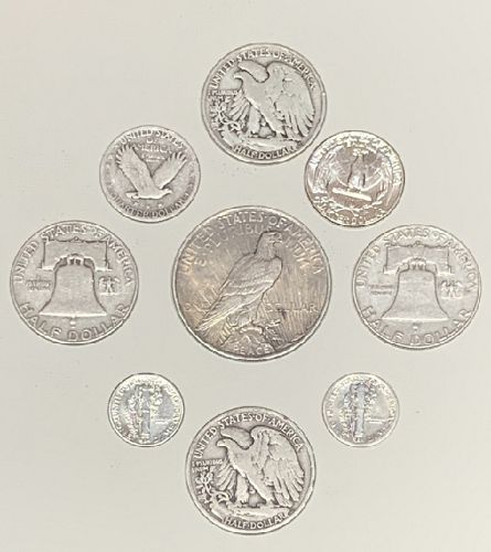 Lot of 9 old U.S.Coins, 90 % Silver, 1922 Peaces dollar + 4 Half's & More.