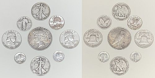 Lot of 9 old U.S.Coins, 90 % Silver, 1922 Peaces dollar + 4 Half's & More.