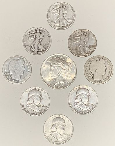 Lot of 9 old U.S.Coins, 90 % Silver, 1923-P Peaces dollar + 8 Half Dollars