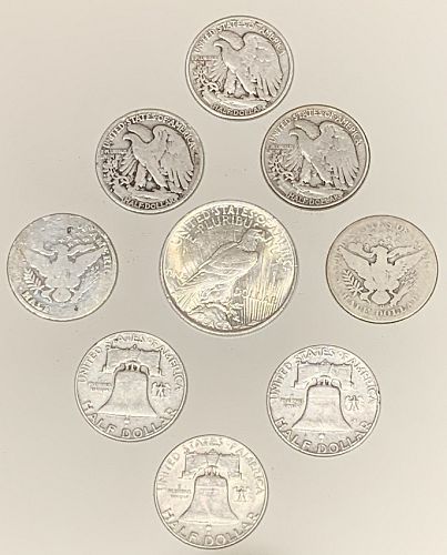Lot of 9 old U.S.Coins, 90 % Silver, 1923-P Peaces dollar + 8 Half Dollars