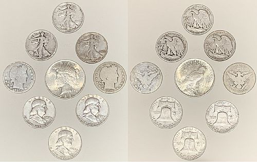 Lot of 9 old U.S.Coins, 90 % Silver, 1923-P Peaces dollar + 8 Half Dollars