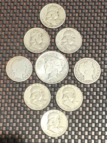 Lot of 9 oldU.S.Coins, 90 % Silver, 1923-P Peaces dollar + 8 Half Dollars