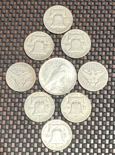 Lot of 9 oldU.S.Coins, 90 % Silver, 1923-P Peaces dollar + 8 Half Dollars