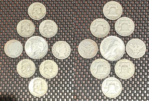 Lot of 9 oldU.S.Coins, 90 % Silver, 1923-P Peaces dollar + 8 Half Dollars