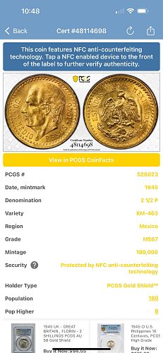 1945 KM-463 Miguel Hidalgo Mexico 2 1/2 Peso Gold Coin PCGS MS67