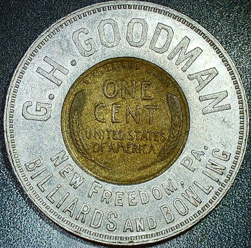 1920 Encased Woody Wheat Cent G.H.Goodman Billards & Bowling PA Never Go Broke Penny