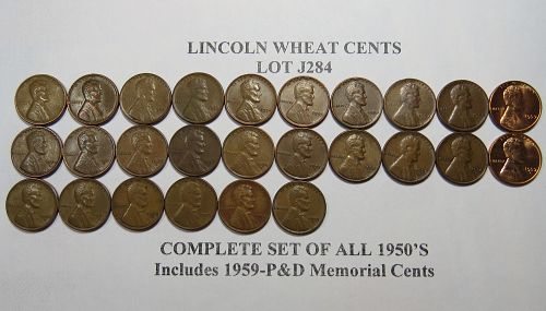 1950-PDS to 1959-PD COMPLETE SET OF 1950's LINCOLN CENTS (LOT OF 26) LOT J284