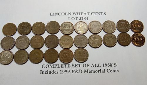 1950-PDS to 1959-PD COMPLETE SET OF 1950's LINCOLN CENTS (LOT OF 26) LOT J284