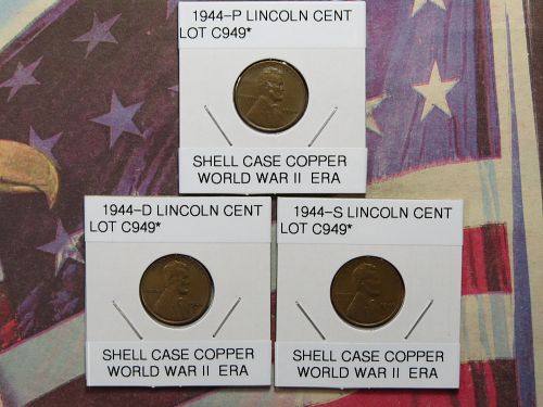 1944-P 1944-D 1944-S  LINCOLN CENTS -  WORLD WAR 2 ERA - (LOT OF 3 CENTS) LOT C949*