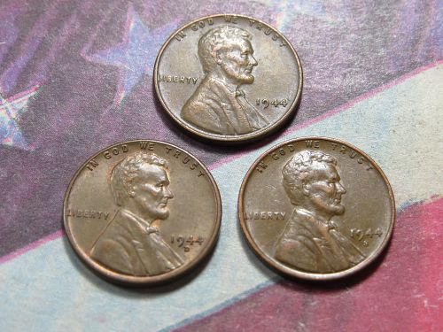 1944-P 1944-D 1944-S  LINCOLN CENTS -  WORLD WAR 2 ERA - (LOT OF 3 CENTS) LOT C949*