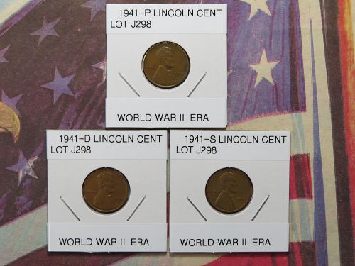 1941-P 1941-D 1941-S  LINCOLN CENTS -  WORLD WAR 2 ERA - (LOT OF 3 CENTS) LOT J298