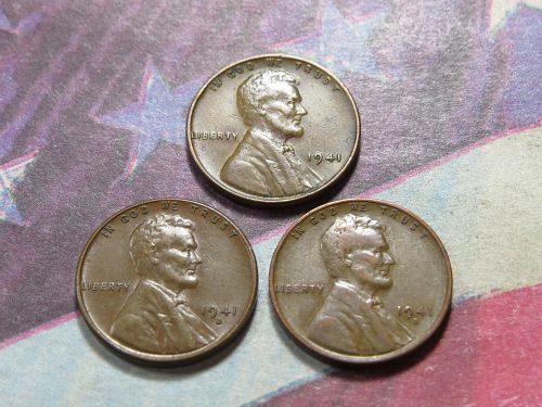1941-P 1941-D 1941-S  LINCOLN CENTS -  WORLD WAR 2 ERA - (LOT OF 3 CENTS) LOT J298