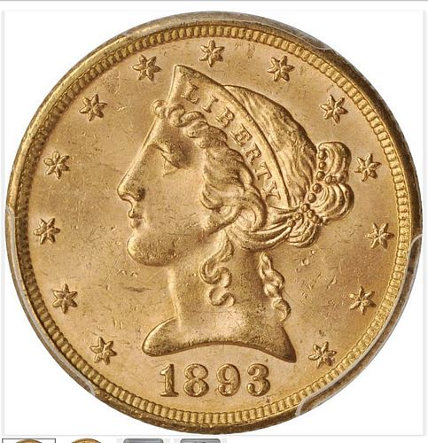 1893 $5 GOLD LIBERTY HEAD HALF EAGLE