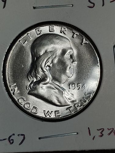 1954-S BENJAMIN FRANKLIN HALF DOLLAR MS-67 , BEAUTIFUL MINT LUSTER