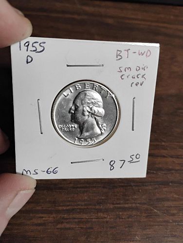 1955-D WASHINGTON QUARTER MS-66, SMALL DIE CRACK ON REVERSE