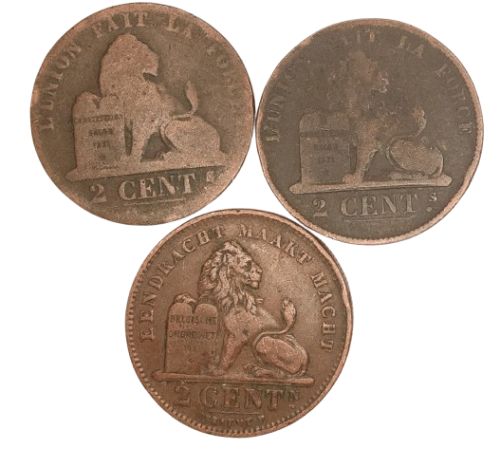 Europe:  Kingdom of Belgium:  Lot of 3 Coins:  1863, 1870, 1902; 2 Centimes