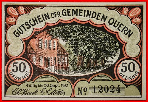 Ⰶ SCHLESWIG-HOLSTEIN: GERMANY QUERN ★ 50 PFENNIGS (1921) UNC CRISP! SIGNIFICANT PAST!