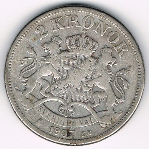 2 Kronor - Oscar II, Sweden, 1907