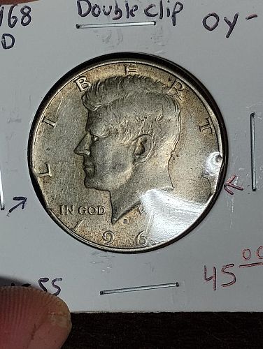 1968-d  kennedy half dollar  au-55 double clip error coin