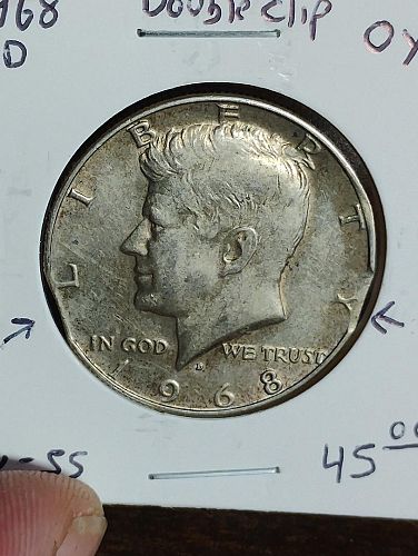 1968-d  kennedy half dollar  au-55 double clip error coin