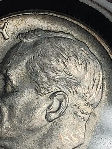 1958-d roosevelt dime  ms-62 die chip on eye lid,die crack on hair,clash on reverse