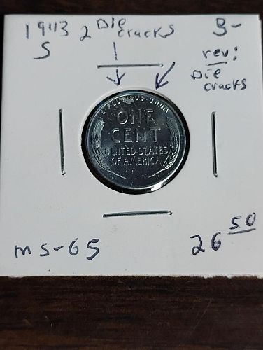 1943-S LINCOLN WHEAT CENT MS-652 DIE CRACKS ON OBVERSE,2 DIE CRACKS ON REVERSE