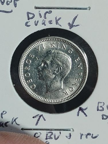 1942 NEW ZEALAND 3-PENCE SILVER, 6-DIE CRACKS OBVERSE / REVERSE ERROR COIN MS-65