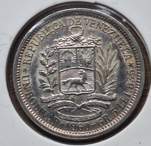 2-1960 Venezuela Silver Coins 1 Bolivar and 25 Centavoes
