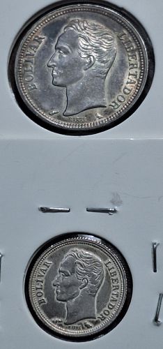 2-1960 Venezuela Silver Coins 1 Bolivar and 25 Centavoes