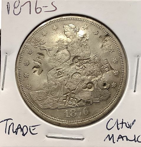 1876-S Silver Trade Dollar Lightly Toned Lustrous AU Chop Marked