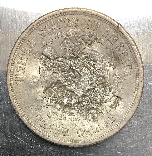 1876-S Silver Trade Dollar Lightly Toned Lustrous AU Chop Marked