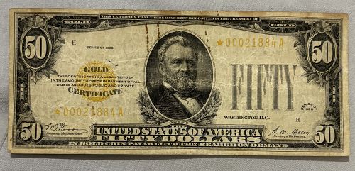 US Paper Money $50 1928 Gold Certificate STAR * RARE REPLACEMENT NOTE