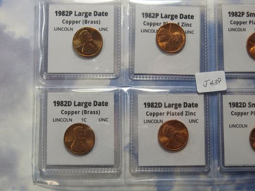1982-P&D SET OF 7 LINCOLN CENTS - SMALL & LARGE DATE (COPPER ZINC BRASS)  LOT J439
