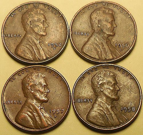 ✅4 Lincoln Wheat Cents 1952-D 1956-D 1957-D 1958-P✅