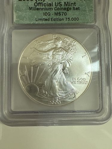 2000 (W) $1 SILVER EAGLE ICG MS70 & SACAGAWEA DOLLAR MILLENNIUM COIN SET LABELS
