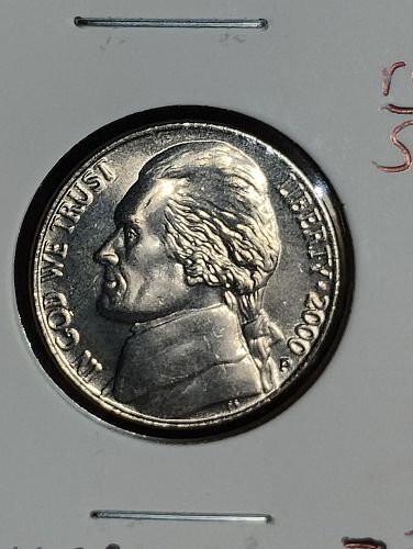 2000-P JEFFERSON NICKEL MS-64 FS , STRUCK THROUGH MIDDLE OF BUILDING ON REVERSE