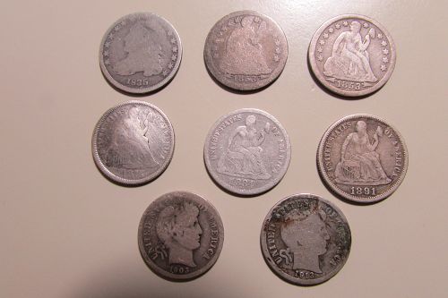 "Capped Bust~Seated Liberty~Barber Dimes"   ***8 Coin Mixed Group***