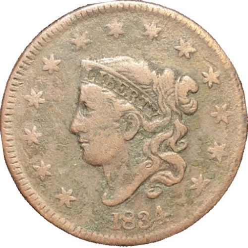 1834-P Coronet Liberty Head Large Cent Large 8 - Large Stars - Med Letters - F (Fine)