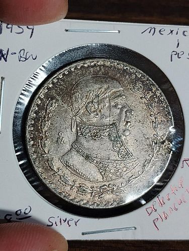 1959 mexican 1-peso silver mo mint large planchet defect lower right on obverse