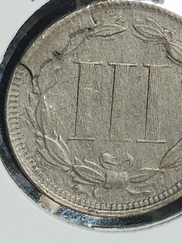 1865 NICKEL 3-CENT PIECE XF-40 DIE CLASH ON REVERSE AND MAJOR CUD  ON REVERSE