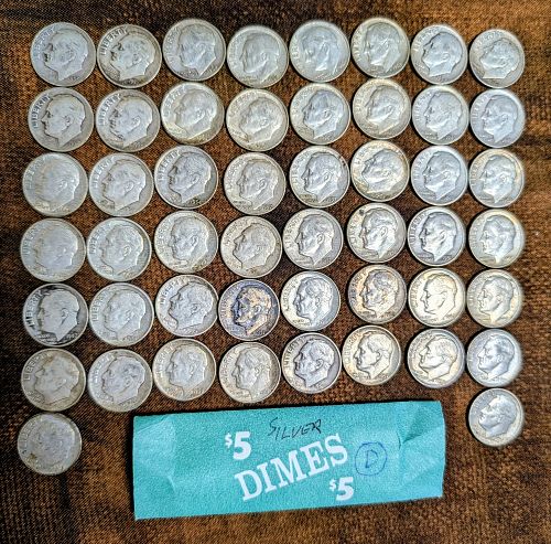 90% Silver Roosevelt Dimes 50-Coin Roll Average Circulation
